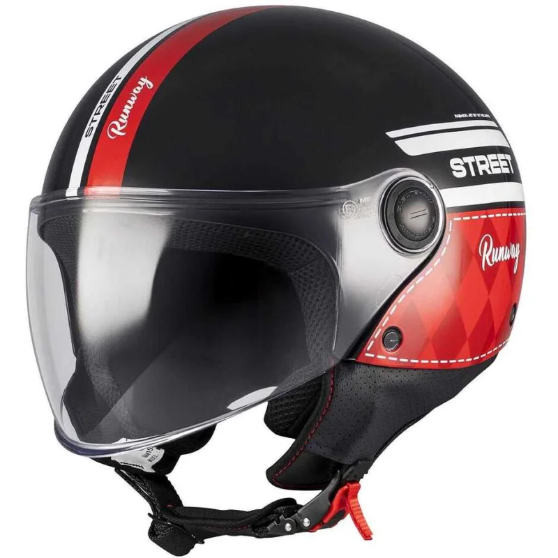 Casco Moto Jet Mt Helmets STREET S RUNWAY B2 Nero Rosso Lucido Pagamento Sicuro