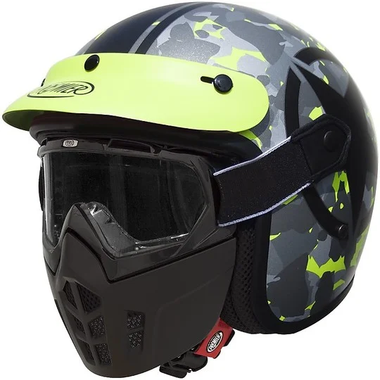 Casco Moto Jet Premier Vintage In Fibra Mask Star Camo Fluo BM Popolare