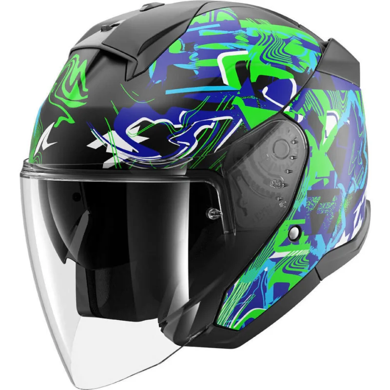 Casco Moto JetShark SKWAL JET PRANZ Mat Nero Verde Blu Non Perdere
