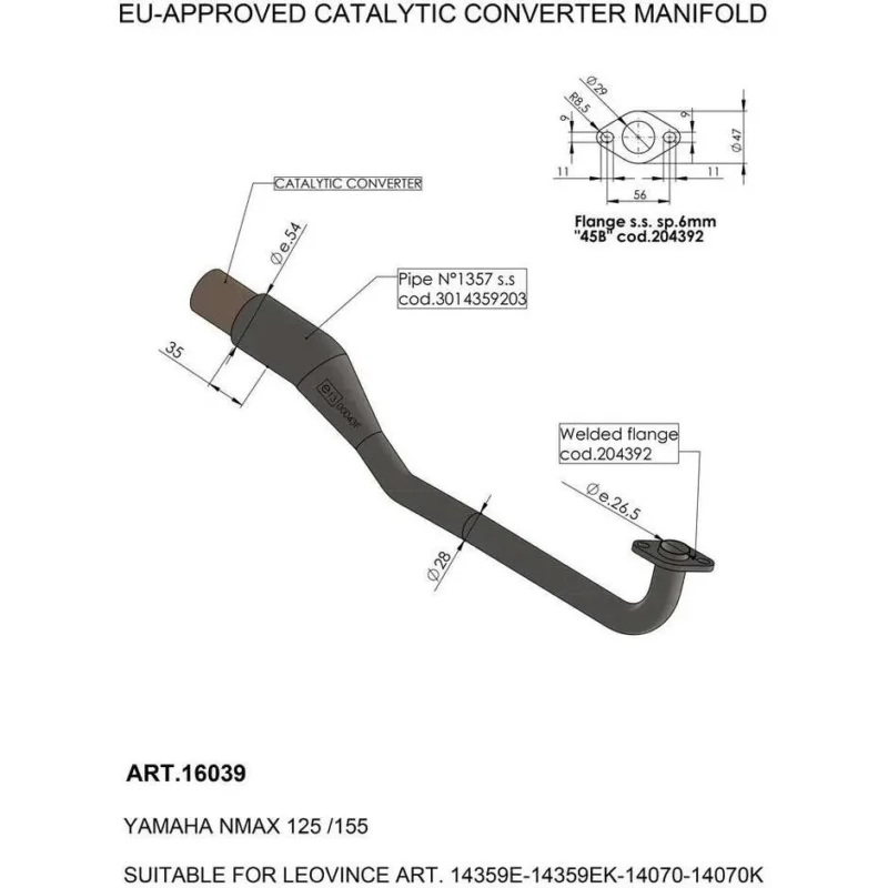 Collettore del Convertitore Catalitico Leovince 16039 Specifico Per YAMAHA NMAX125 (17-20); NMAX155 (16-17) Vendita Finale