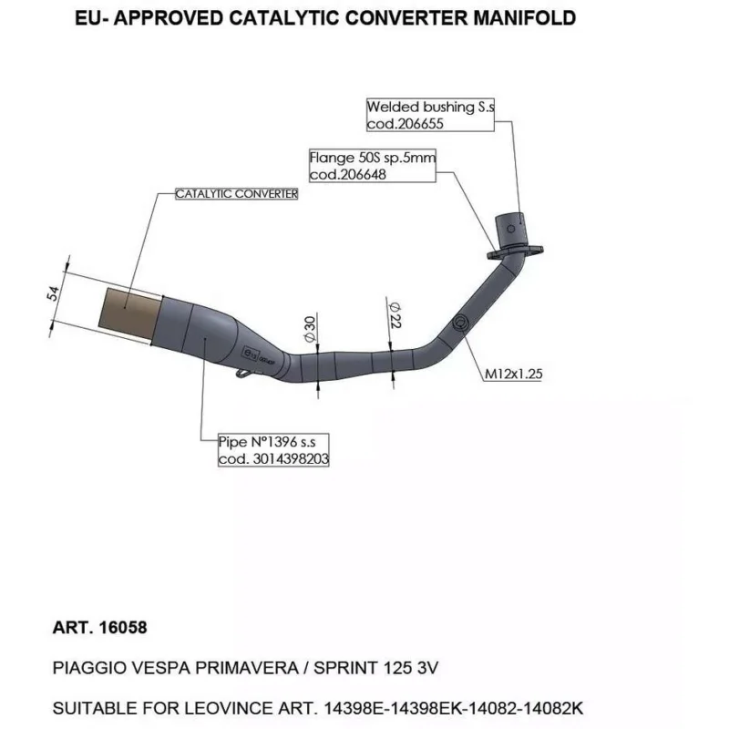 Collettore del Convertitore Catalitico Leovince 16058 Specifico Per PIAGGIO Vespa Primavera/Sprint 125 3V (21-24) Popolare