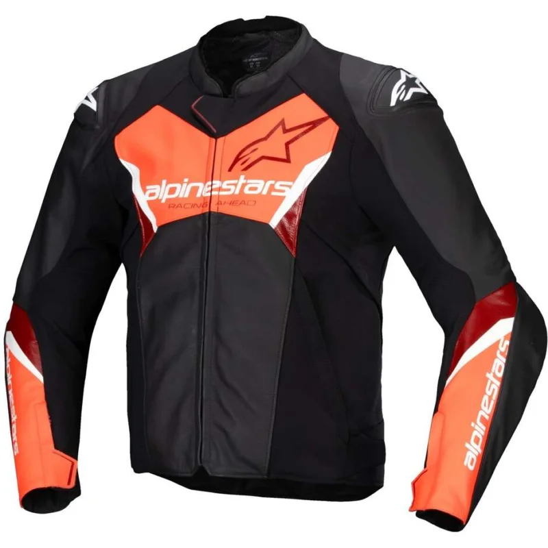 Reso Gratuito Alpinestars FASTER V3 Leather Motorcycle Jacket Black Fluorescent Red