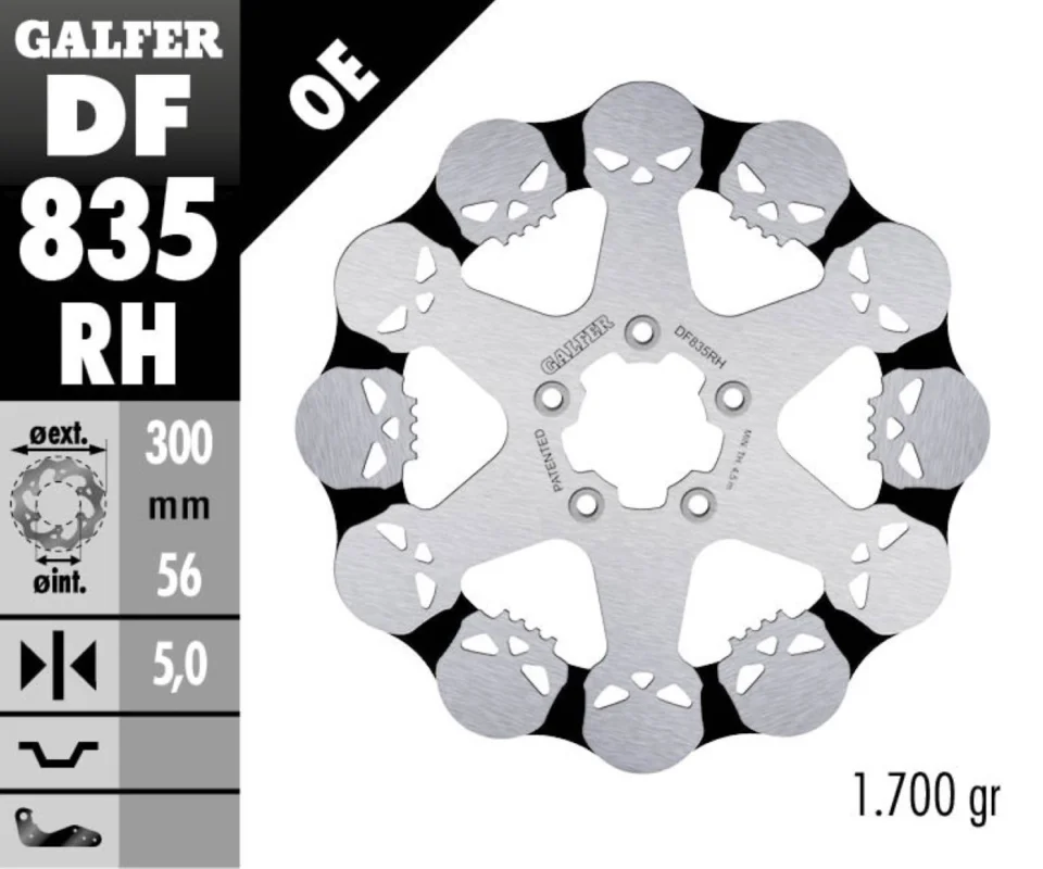 Galfer Disco Freno Antreriore W SKULL DESIGN FIXED 300x5mm per HARLEY DAVIDSON XL883N IRON 883Modelli dal 2014 al 2021 DF835RH Spedito Oggi