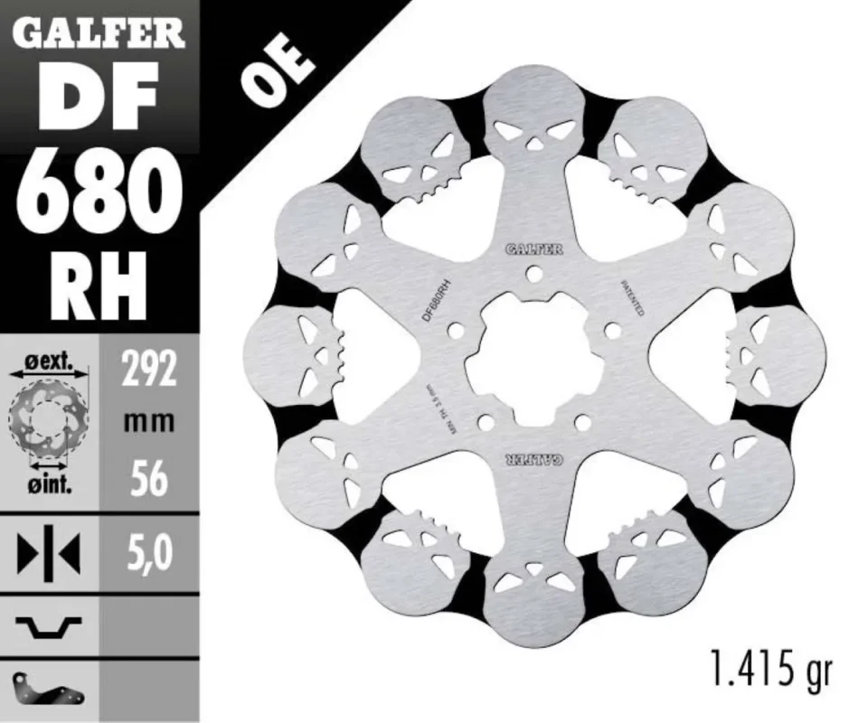 Spedito Oggi Galfer Disco Freno Antreriore W SKULL DESIGN FIXED 292x5mm per HARLEY DAVIDSON FXDC ANV DYNA SGLIDE CUS Modelli: 2013 DF680RH