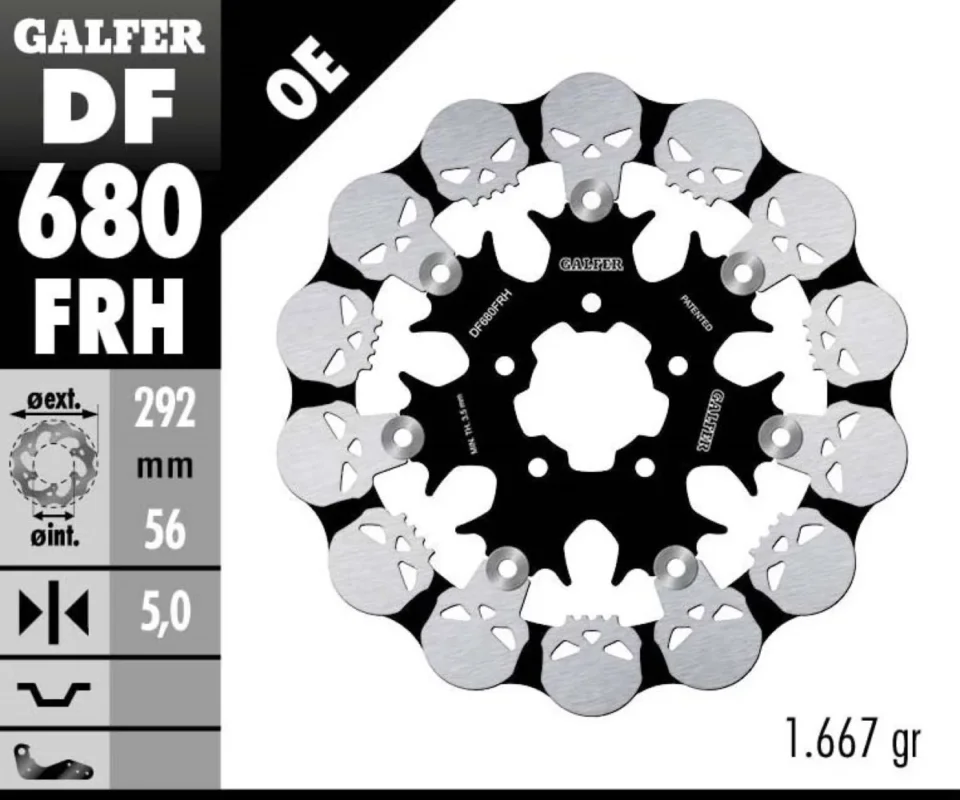Galfer Disco Freno Antreriore W SKULL DESIGN FLOATING STEEL 292x5mm per HARLEY DAVIDSON FXSB BREAKOUT 1687Modelli dal 2013 al 2014 DF680FRH Quantità Limitata